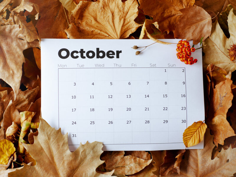 Calendar showing October, surrounded by leaves