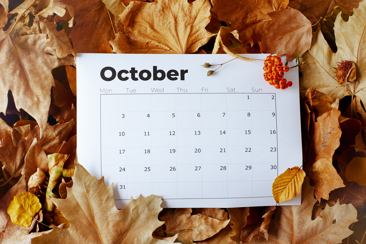 Calendar showing October, surrounded by leaves